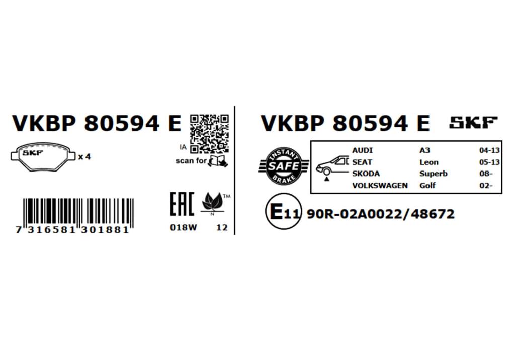 Jeu de 4 plaquettes de frein SKF ref. VKBP 80594 E